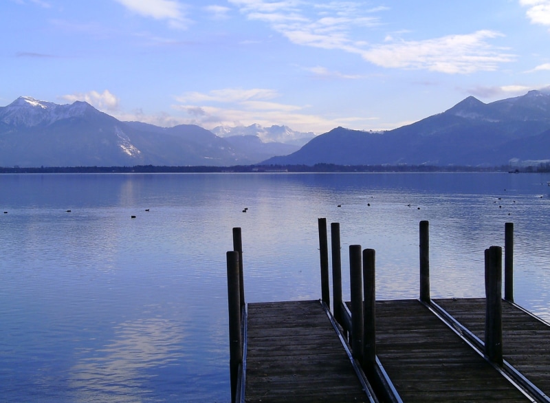 mountain range, mountain, Bavaria, day, tranquility, idyllic, mood, wooden post, non-urban scene, pier, lake, jetty, bavaria, cloud - sky, outdoors, Chiemsee
