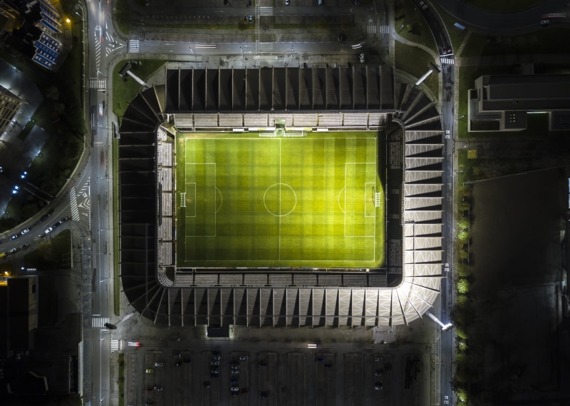 football pitch, tunnel, soccer pitch, aerial view, 4K, outdoors, eye, no people, architecture, green color, photography, stadium, sport, soccer, night