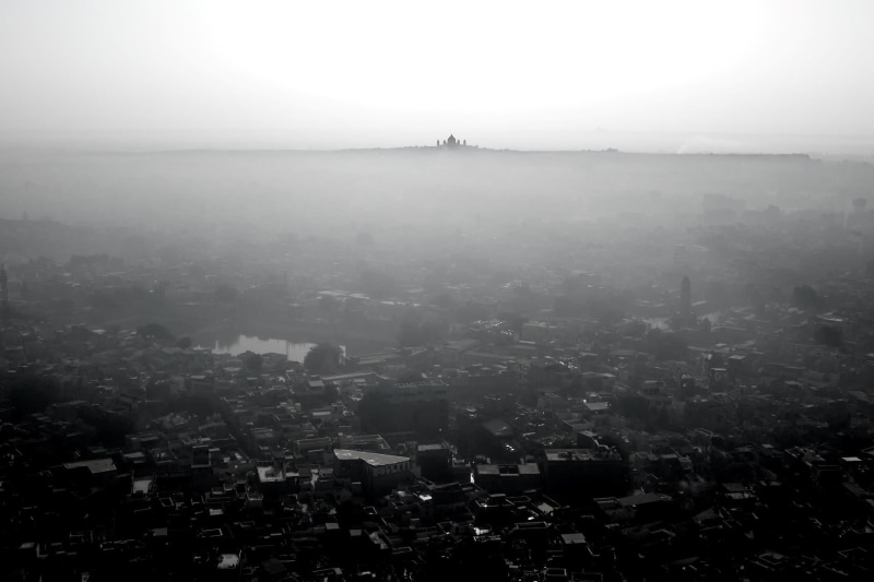 residential district, cityscape, outdoors, areal, village, photo, townscape, day, nature, 1080P, built structure, high angle view, water, fog, monochrome