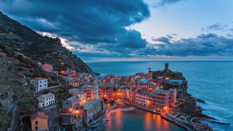 Italy, Lights, 1080P, photo, Houses, town, Night, Coast, areal, Vernazza