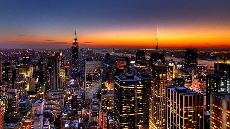 lights, skyline, sunset, new, areal, york, view, nature and landscapes, 1080P, nighttime, buildings, city