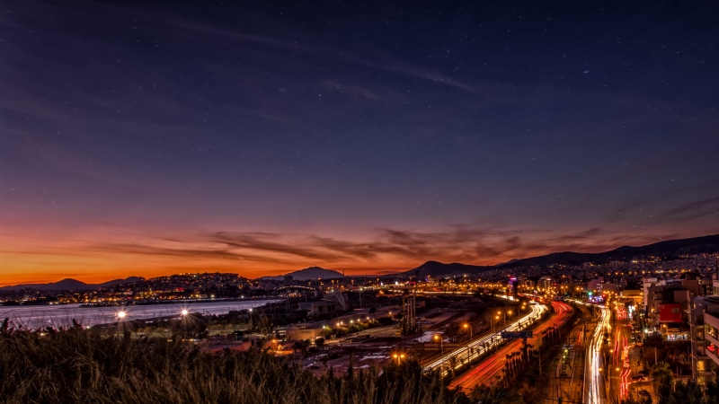 areal, graphy, city lights, golden hour, time lapse, traffic, light trails, astronomy, 4K, wide angle photography, sunset, evening, photo, city life, cloud - sky