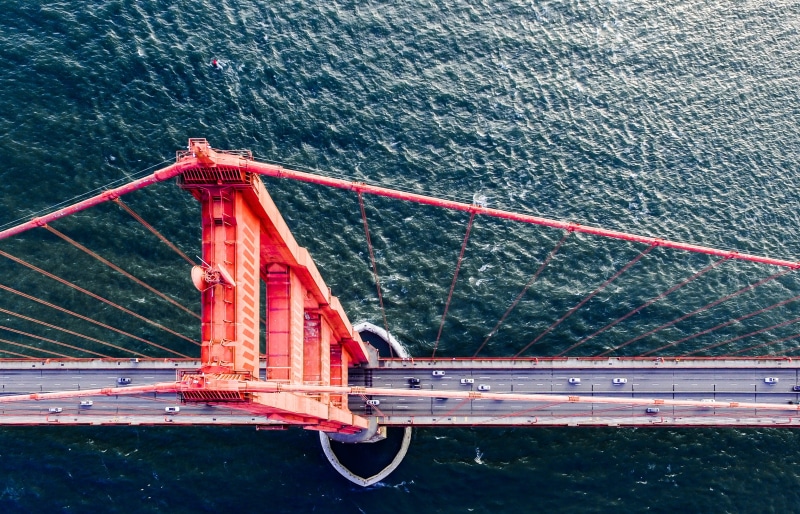 gate, no people, high angle view, rope, 2K, architecture, view, railing, san francisco, water, mode of transportation, tied up, bridge, metal, sea, wheel