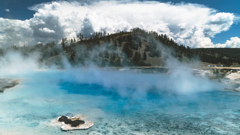 outdoors, travel destinations, hot spring, steam, no people, blue, physical geography, 2K, nature, day, spring, tourism, cloud - sky, mist, travel, heat - temperature