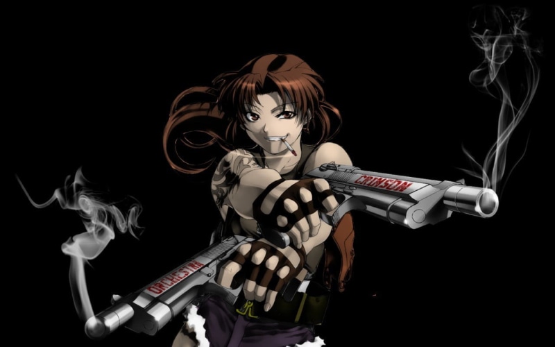 Revy, pistol, black background, communication, holding, burning, Black Lagoon, 720P, still life, mercenaries, bone, technology, spooky, character