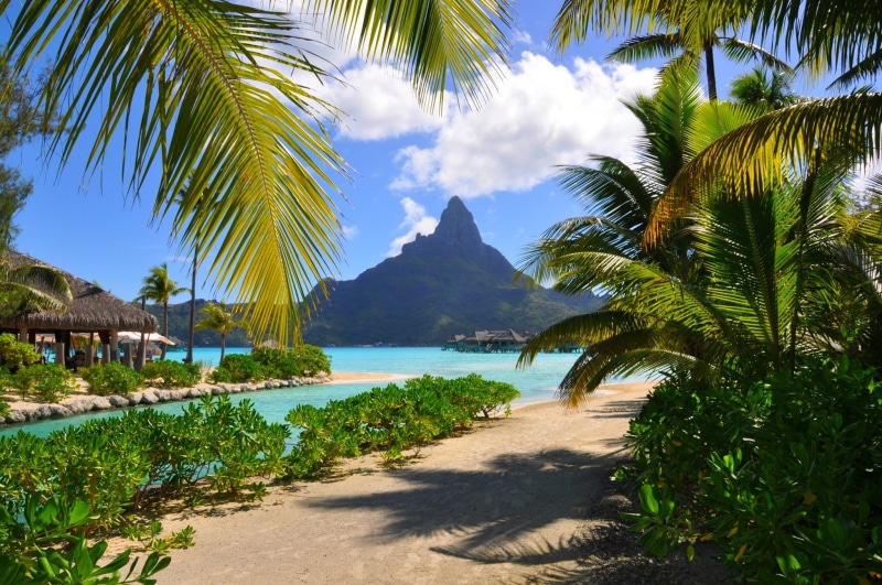 nature, mountains, beach, 1080P, summer, tropical, sea, resort, palm trees, landscape, clouds, French Polynesia, shrubs, Bora Bora