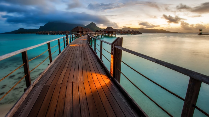 ocean, resort, bora bora, travel, cabins, summer, exotic, pier, holiday, sea, 4K, landscape