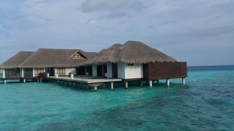 seascape, luxury, water, relaxation, stilt, wooden, white, sky, houses, tranquil scene, beauty in nature, island, exotic, turquoise colored, maldives, shore