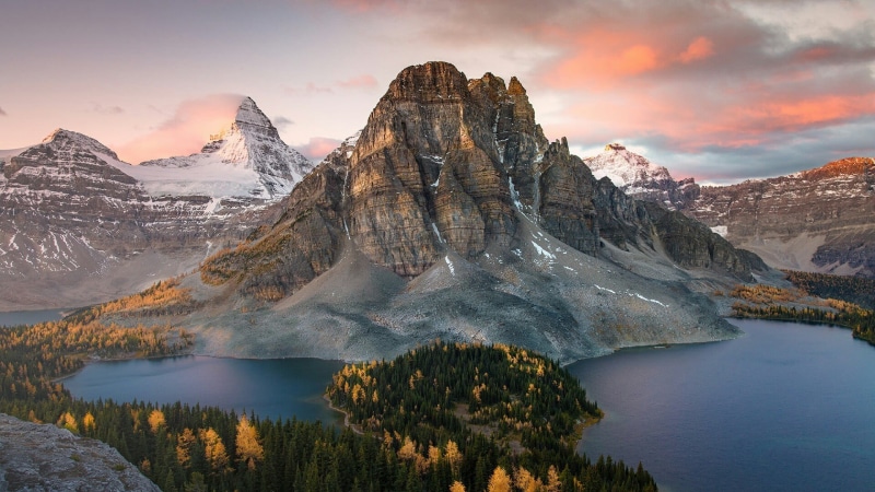 mountain range, sunburst peak, tranquility, snowcapped mountain, vista, sunset, environment, sunburst lake, tranquil scene, cloud, formation, british columbia