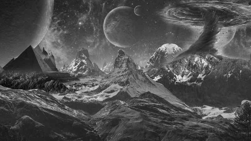 landscape, 1080P, nature, monochrome, digital art, Matterhorn, space, mountains, pyramid, surreal, space art