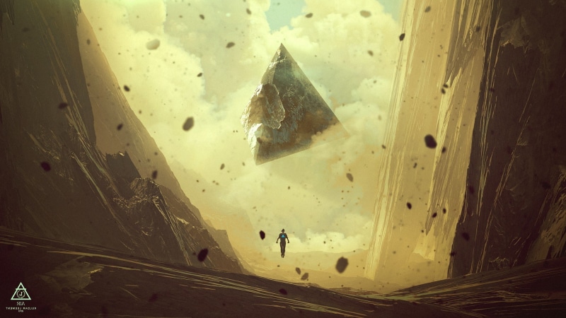 anime abstract artwork triangle fantasy art kuldar leement digital art rock pyramid floating mountain, indoors, water, wet, nature, built structure, transportation