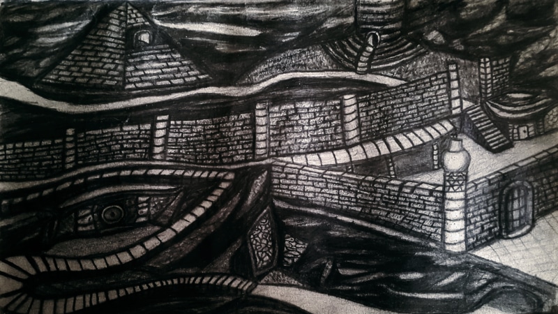 drawing, pencil drawing, soft shading, mountains, psychedelic, trippy, pencils, pyramid, tower, town, wall, eyes, abstract, Egypt, 5K, fantasy art