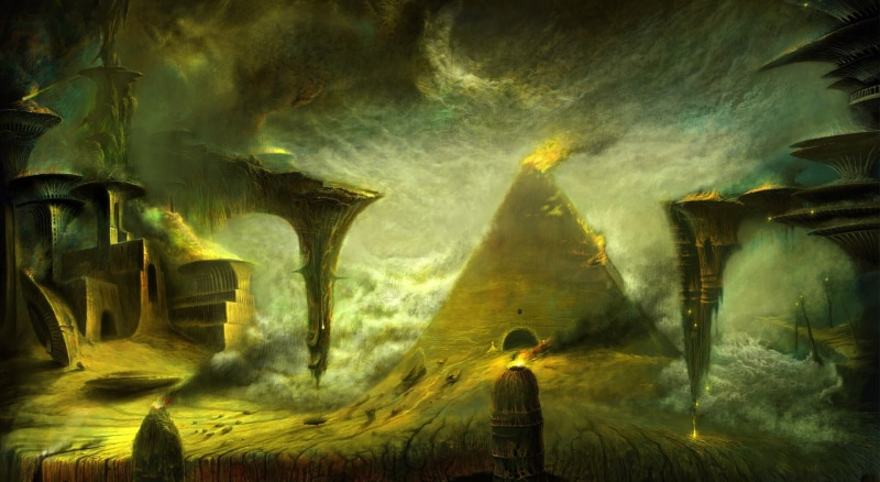 rear view, discovery, pyramid art, full length, painting, fantasy art, mountains, environment, Artistic, scenics - nature, pyramid, dreamlike, one person