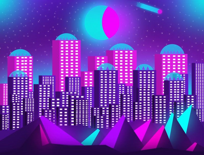 blue neon, neon mountains, neon comet, blue gradient, starry sky, pink neon, pyramid, neon, neon sky, neon pyramid, mountains, landscape, neon city, pink gradient