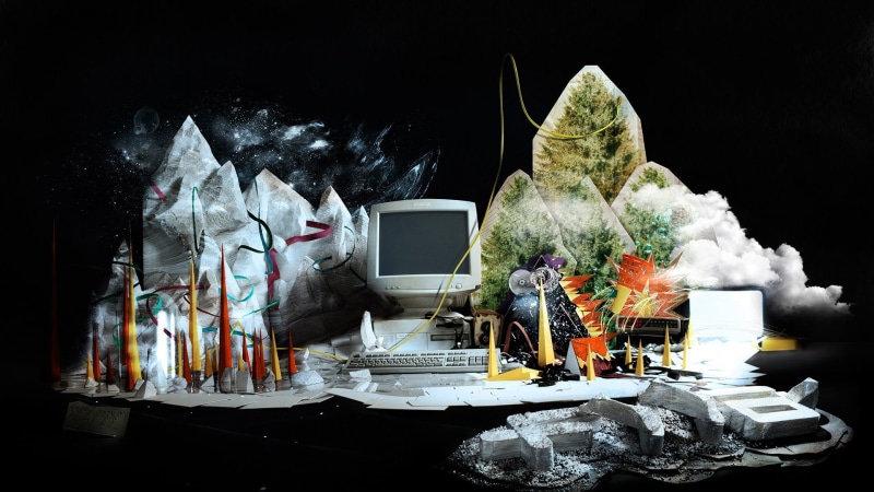 digital art, 1080P, Surreal, clouds, Still life, mountains, Trees, pyramid, Keyboards, black background, monitor, artwork, computer