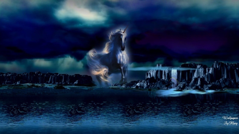 water, animals, 1080P, waterfalls, lakes, blue, unicorn, x, unicorns, midnight, fantasy