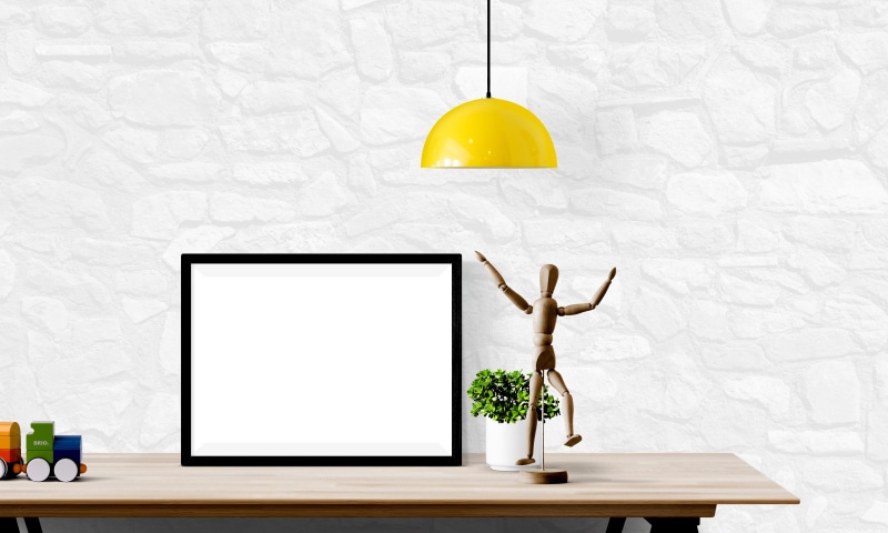 furniture, electric lamp, space, mockup, computer, technology, interior, communication, indoors, desk, white color, nature, artwork, potted plant, portrait