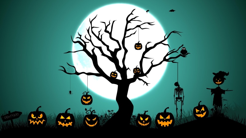 graphics, illustration, full moon, silhouette, hang, branch, night, moon, 4K, halloween, jack o lantern, skeleton, pumpkin, tree, art, moonlight