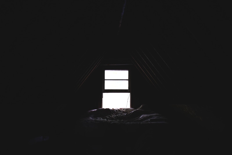 home interior, domestic room, dim, house, one person, room, darkroom, 5K, blanket, contemplation, light, day, building, attic, bedroom, no people, dark