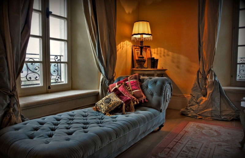 blue, mood, design, bed, interior, fabric, 1080P, fainting, window, couch, room, tufted, lamp