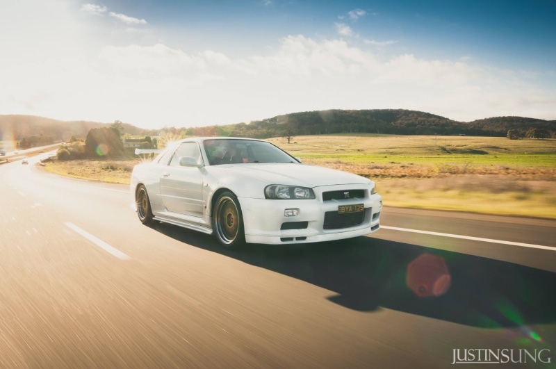 justin sung, Nissan, sport, riding, coupe, r34, movement, bbs, road, skyline, gtr, 1080P, white, gt-r