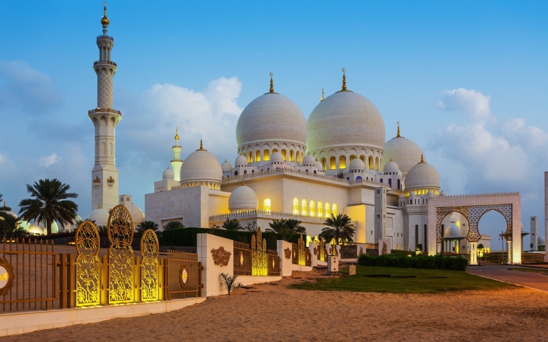 mosque, sheikh, grand, lights, night, zayed, evening, clear, abu, 2K, dhabi, hd