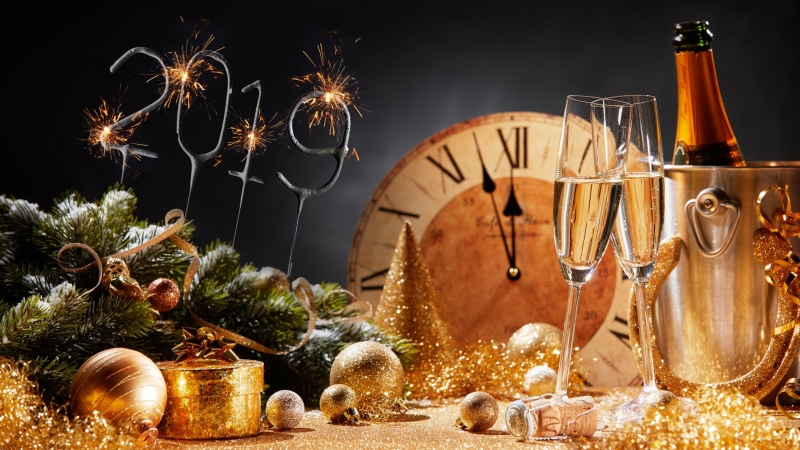 4K, new year, champagne, midnight, champagne glass, new year party, champagne glasses, 2019, party, toast