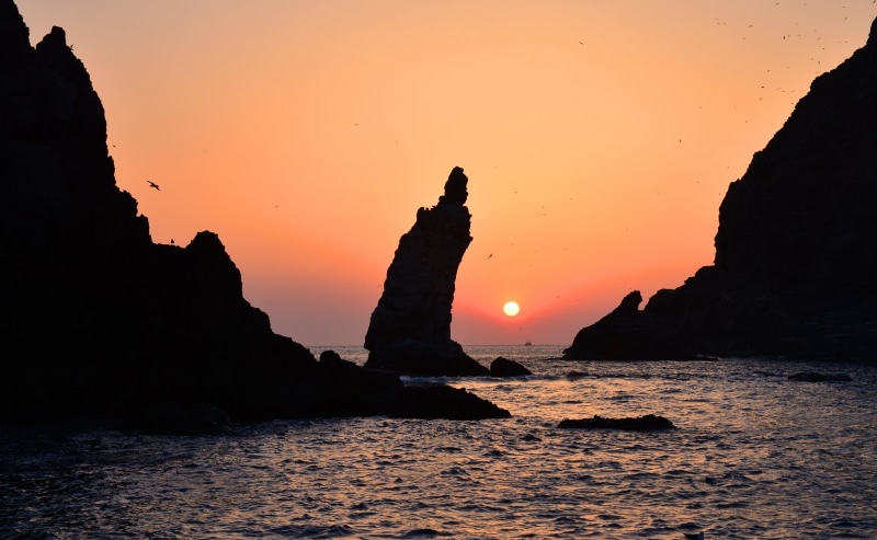 our territory, 19, sea, silhouette, the treasures of dokdo, korea, sunset, outdoors, beauty in nature, rock formation, dong also, seagull, rock - Object