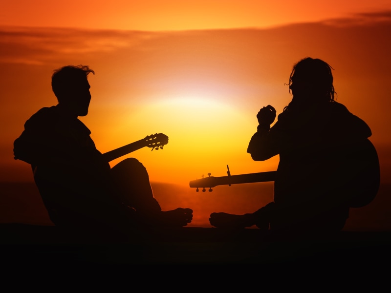 4K, silhouette, young people, sunset, music, joy, satisfaction, orange, boy, young, sun, guitar, people