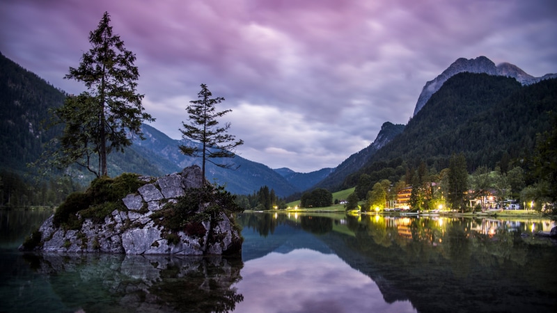 river, waterfront, mountain lake, architecture, evening, plant, scenics - nature, sky, 4K, cloud - sky, mountain, wilderness, ramsau bei berchtesgaden