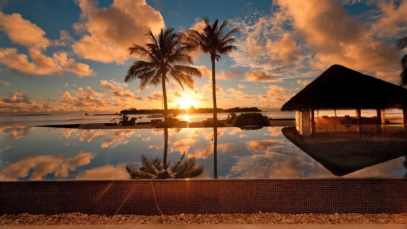 coastline, idyllic, wave, architecture, sunlight, tropical climate, palm, 1080P, sunny, tree, sun, water, relax, tourism, tropical, resort, ocean, island