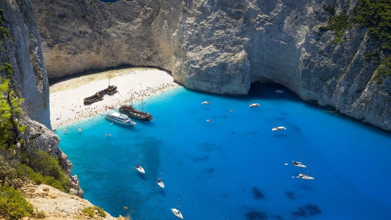 rock - object, high angle view, beauty in nature, greece, navagio bay, sea, zakynthos, nautical vessel, water, scenics - nature, rock, shipwreck, turquoise colored