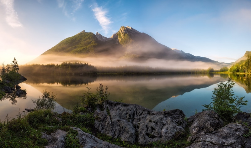 mountains, morning, fog, Bavaria, alps, Lake, 1080P, berchtesgaden, Berchtesgaden Alps, germany