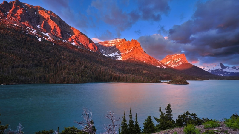 st. mary lake, plant, fjord, highland, glacier national park, idyllic, mountain peak, evening, landscape, glacier, united states, 4K, lake, montana, beauty in nature