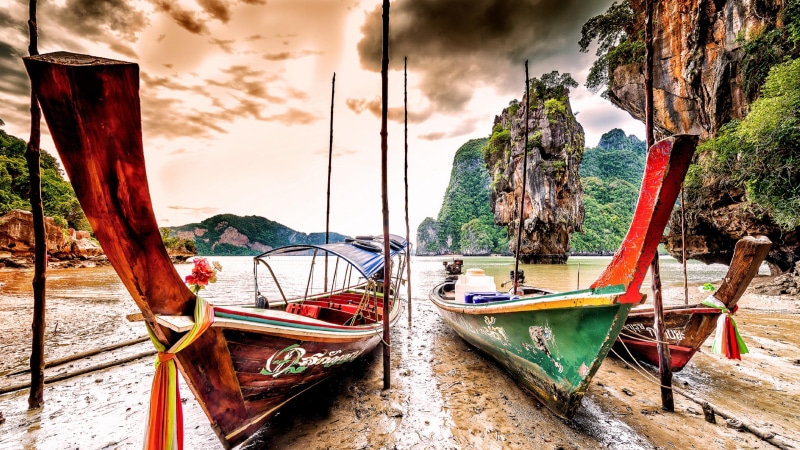 movie location, boat, beach, phang nga, boats, 4K, coast, james bond island, asia, fishing boat, fishing vessel, shore, rock, thailand, ko tapu