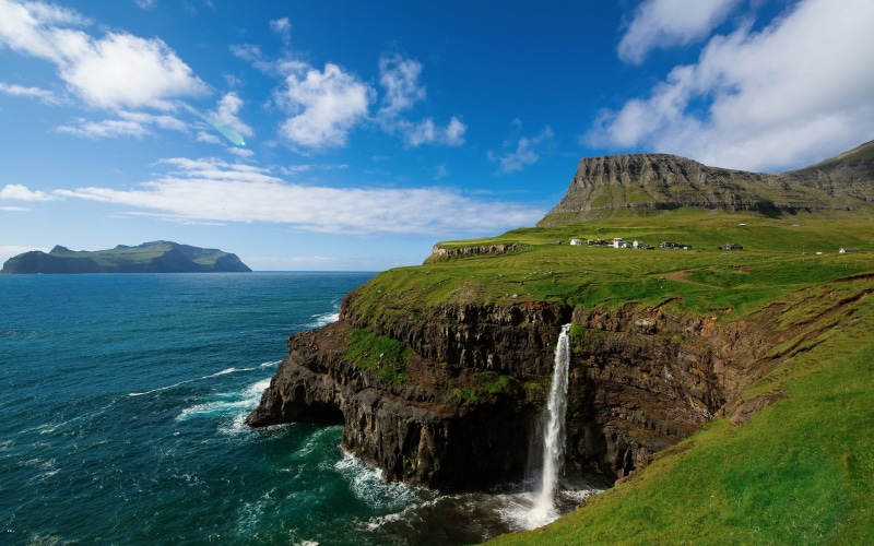 Sky, near, Village, Kingdom, Mountains, 1080P, Waterfalls, Blue, Islands, Sea, Denmark, Faroe