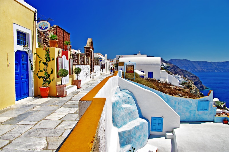 building, famous Place, multi Colored, clear sky, caldera, mountain, Greece, street, hotel, greek Islands, mediterranean Sea, water, yellow, aegean Sea
