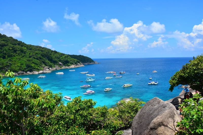 turquoise colored, sailboat, cloud - sky, sea, travel, phuket, clear, sunny, bay, blue, seascape, rock, Tourism, season, summer, Sea, mode of transportation