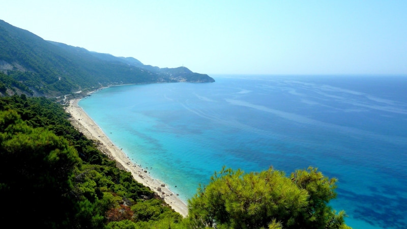bay, 1080P, tree, haze, scenics - nature, lagoon, sky, nature, no people, horizon, beauty in nature, outdoors, turquoise colored, coastline, land, tranquility