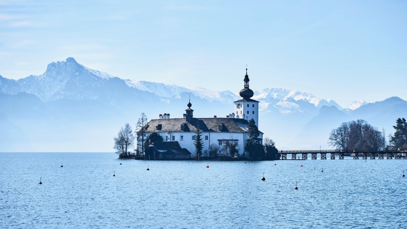 spirituality, snowcapped mountain, lake, castle, traunsee lake, winter, snow, nature, place of worship, ort castle, island, religion, gmunden, mountain