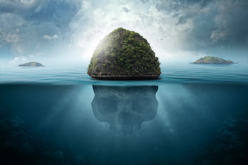 island, underwater, 5K, photo manipulation, sea, skull, clouds, digital art