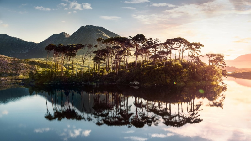 connemara national park, outdoors, water, landscape, dawn, pine, pines islet, lake, pines, morning, derryclare lough, sky, 4K, galway, mountain range