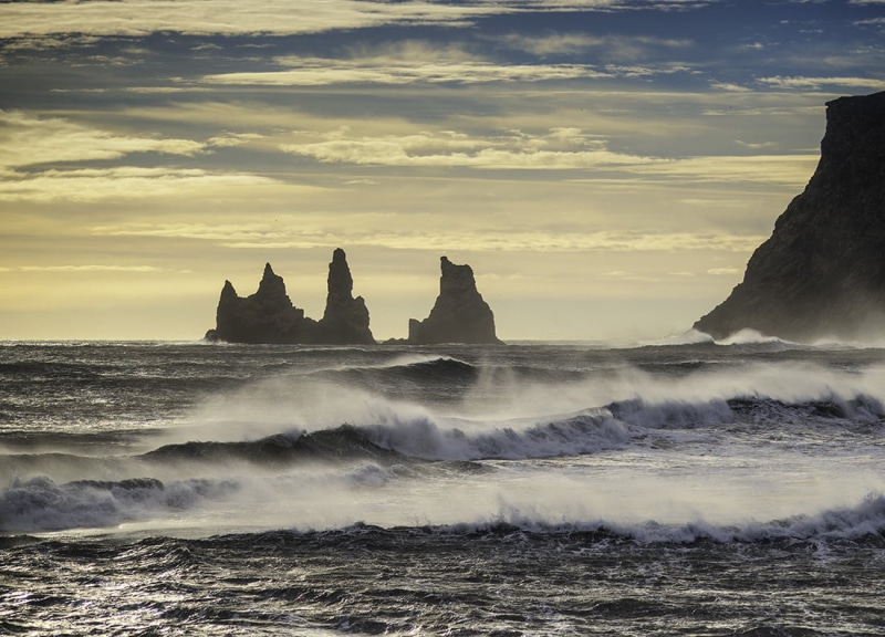nature, dramatic, water  waves, 480P, sea, rock - Object, sea  water, Iceland, sunset, scenics, ocean  sea, daytime, Vík í Mýrdal, stacks, landscape, islets