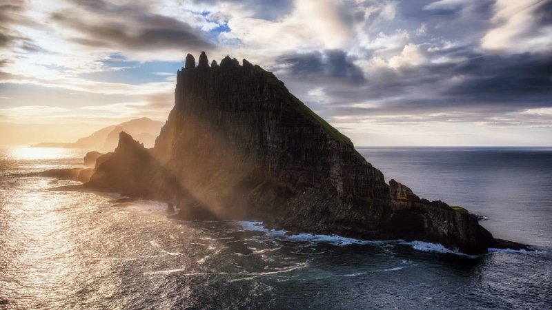 islet, water, high, sky, faroe islands, no people, rock formation, stack rock, promontory, headland, clouds, waves, nature, tranquility, rock - object