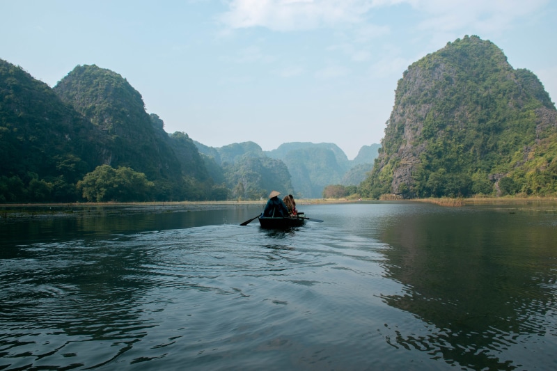 islet, 5K, waterfront, mountain range, formation, human, water, boat, scenics - nature, nautical vessel, leisure activity, non-urban scene, ninh binh