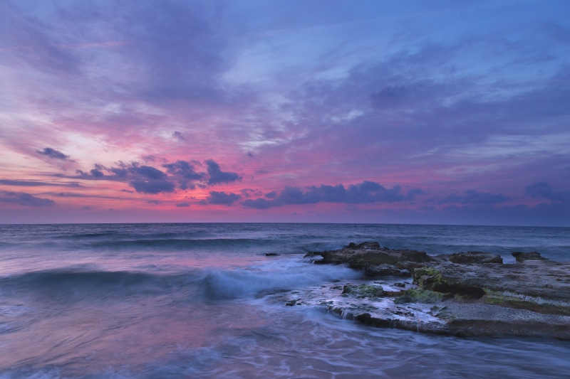 scenics - nature, purple, islet, pink, no people, surrounded, scenics, orange, blue, clouds,horizon, pink color, land, nature, cloud - sky, shore, water