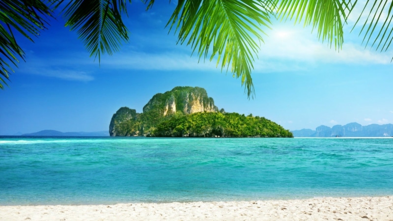 bay, tranquility, archipelago, tree, beach, day, tranquil scene, no people, beauty in nature, 1080P, blue, water, plant, ocean, sea, idyllic, shore, palm tree