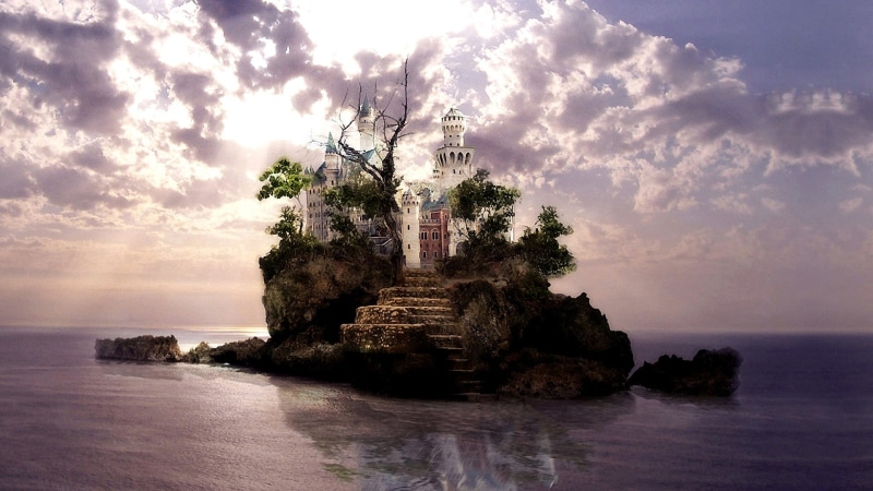 castle, islet, 1080P, island, fantasy landscape, fantasy art
