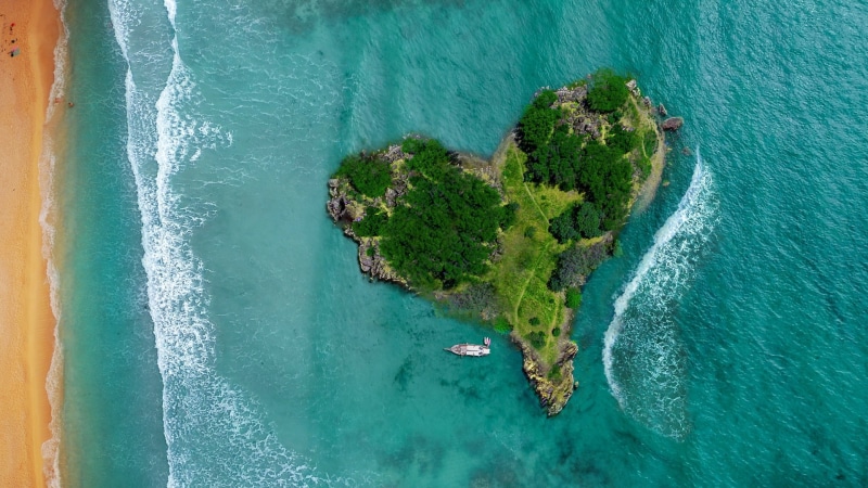 sea, heart, 1080P, islet, drone view, aerial view, island, romantic