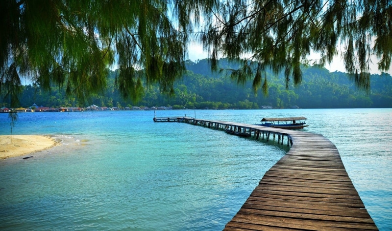 outdoors, boat, island, hills, water, wooden, tree, nature, mode of transportation, beach, dock, sea, scenics - nature, wood, trees, jetty, day, tranquil scene